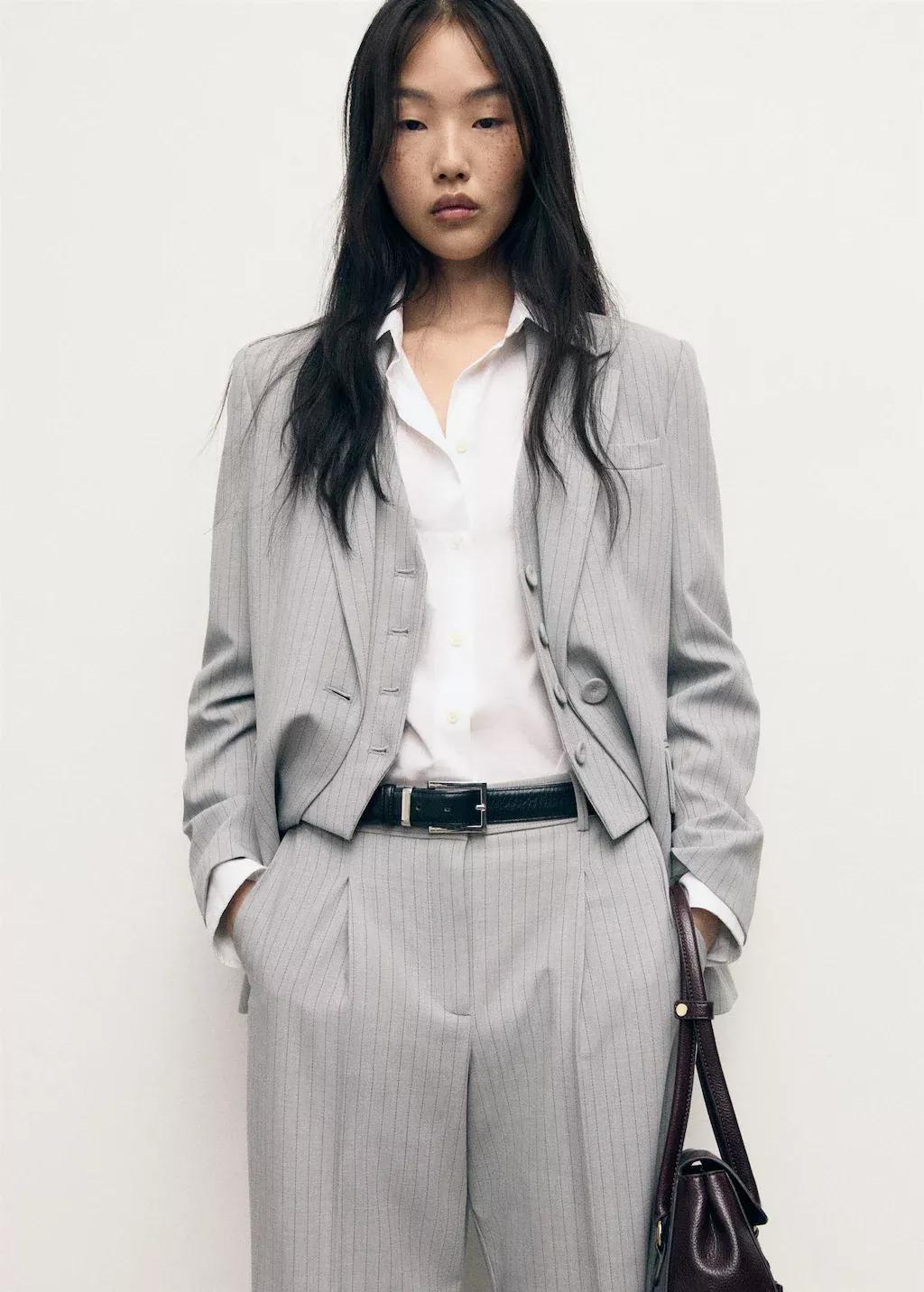 Grey Pinstripe Suit Trousers, Grey, medium