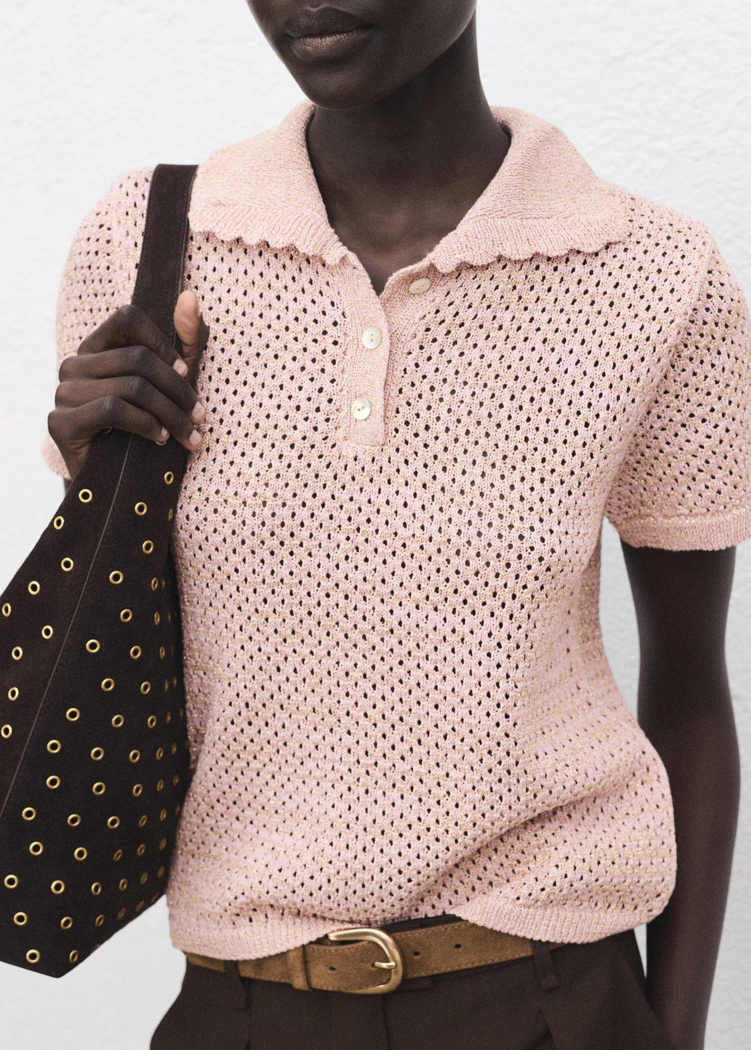 Pink Lt Pastel Short-Sleeved Crochet Sweater, 0201_81, medium