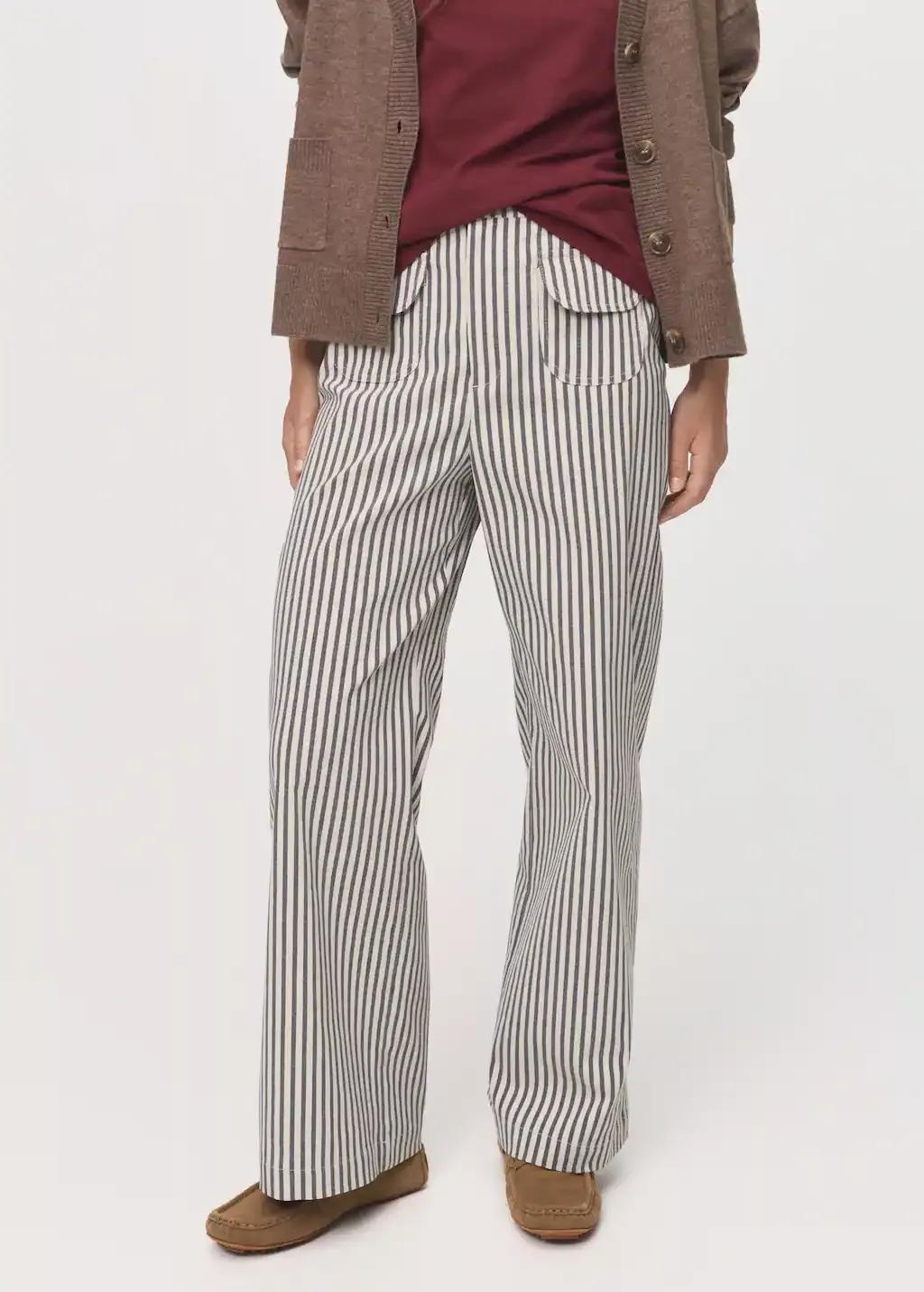 Beige Striped Trousers With Pockets, , large image number 0