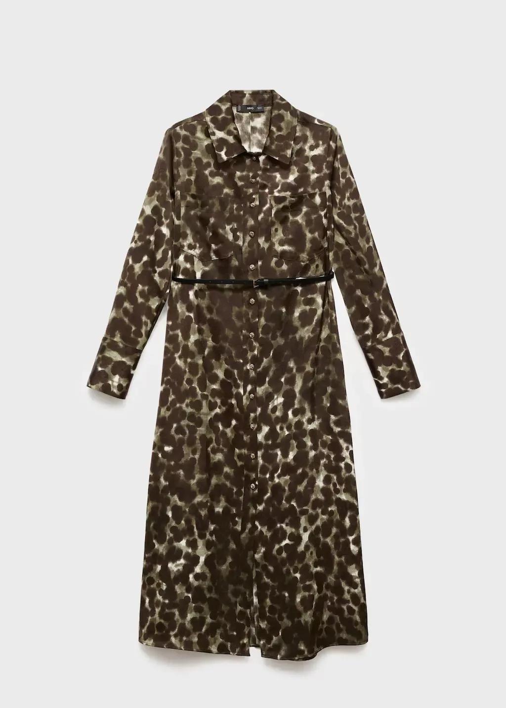 Khaki Printed Shirt Dress With Belt, , medium