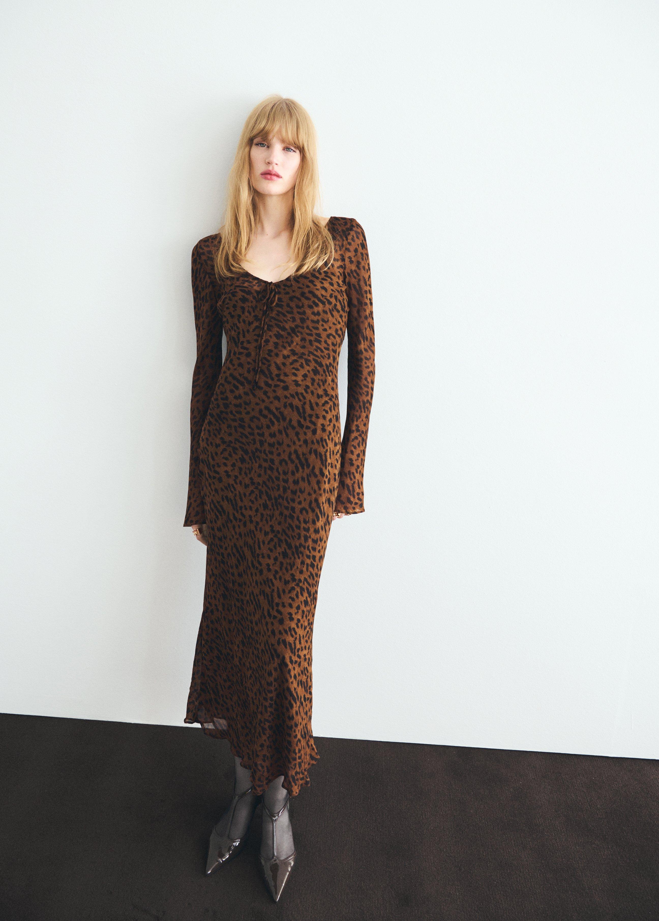 Black Long-Sleeved Leopard-Print Dress, , large image number 0