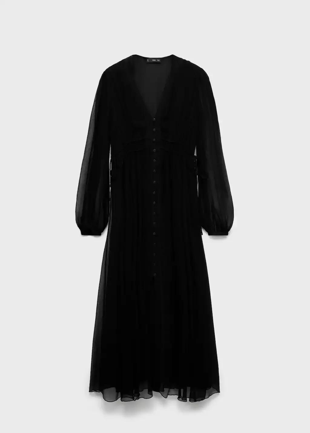 Black Puff-Sleeved Chiffon Dress, Black, large image number 0