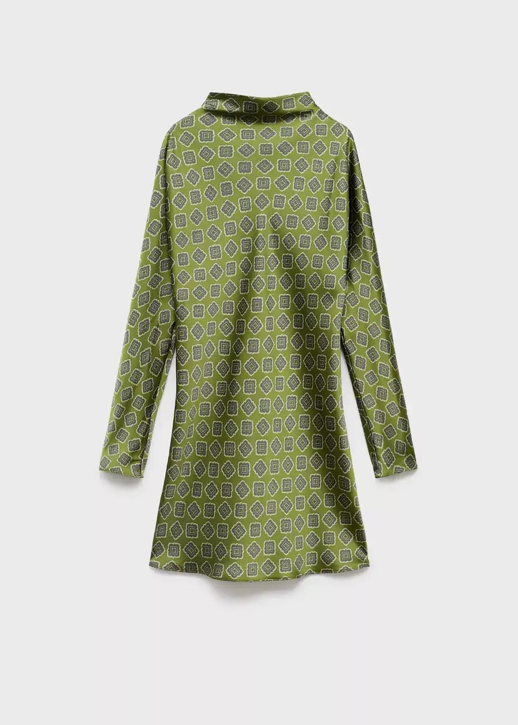 Green Satin Printed Dress With Perkins Collar, , medium