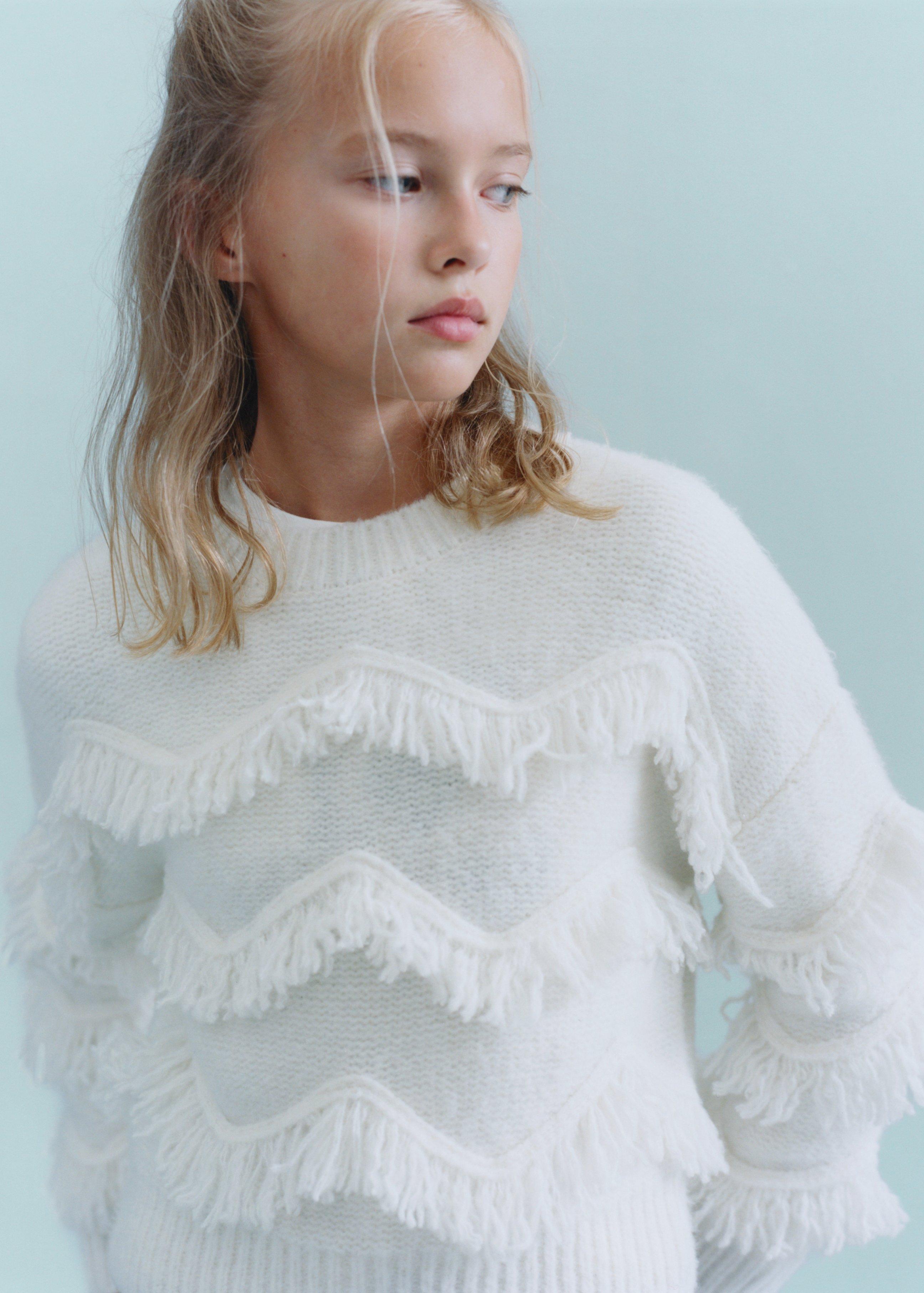 White Fringes Knit Sweater, Kids Girl, Natural White, medium