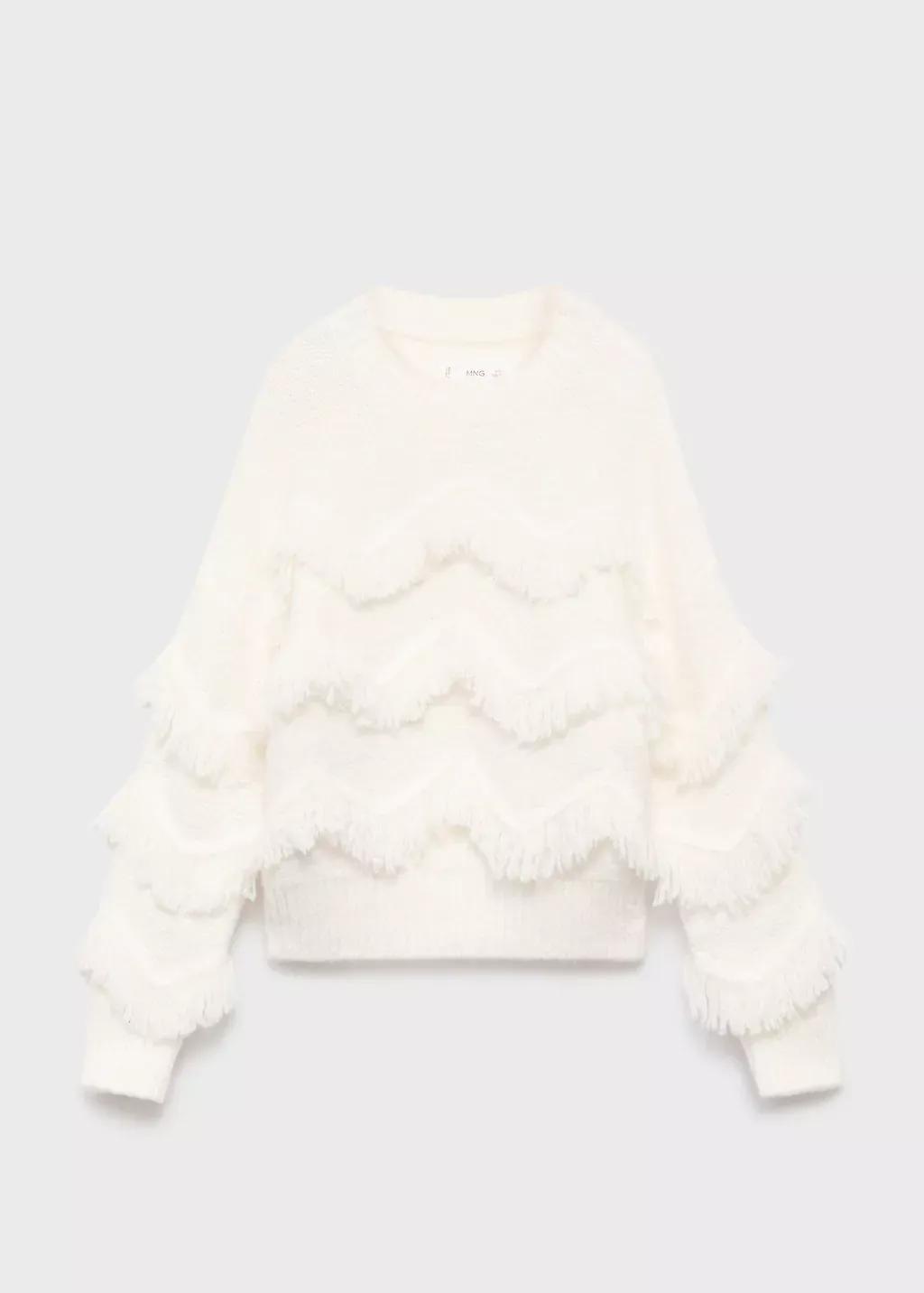 White Fringes Knit Sweater, Kids Girl, Natural White, large image number 1