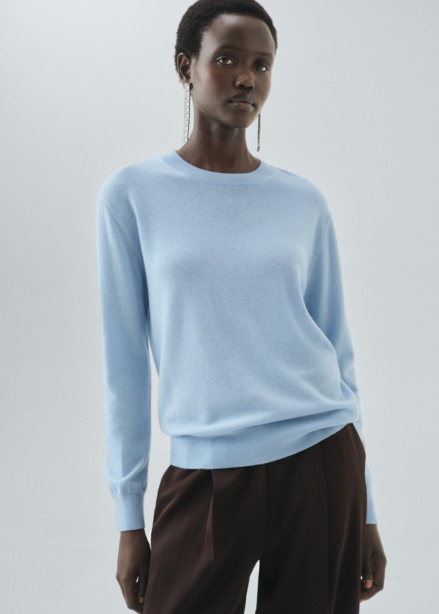 Blue Fine Wool Knit Sweater, Light-Pastel Blue, medium