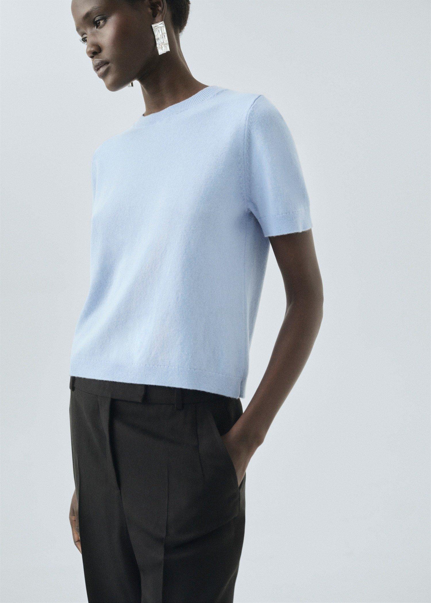 Blue Short-Sleeved Wool Sweater, Light-Pastel Blue, medium