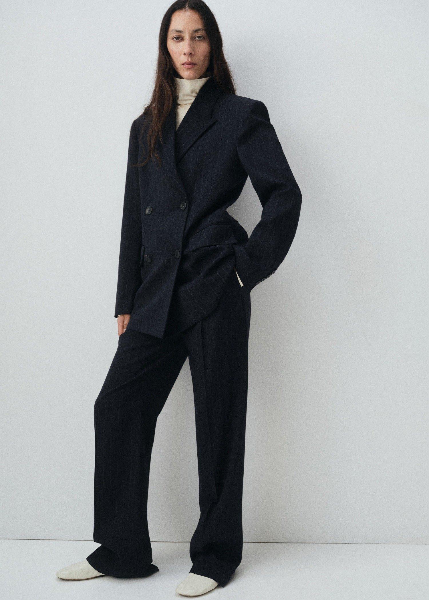 Navy Double-Breasted Pinstripe Blazer, , large image number 1