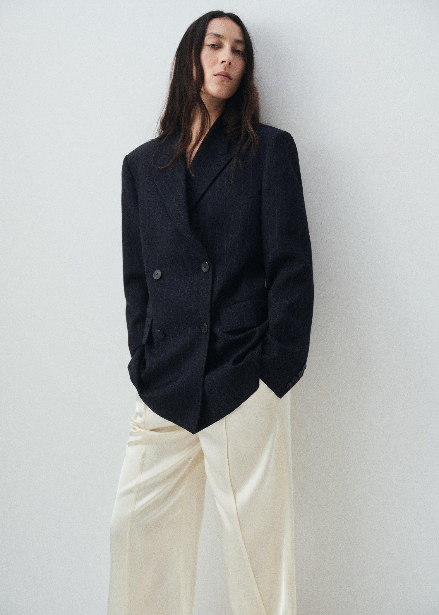 Navy Double-Breasted Pinstripe Blazer, , large image number 2