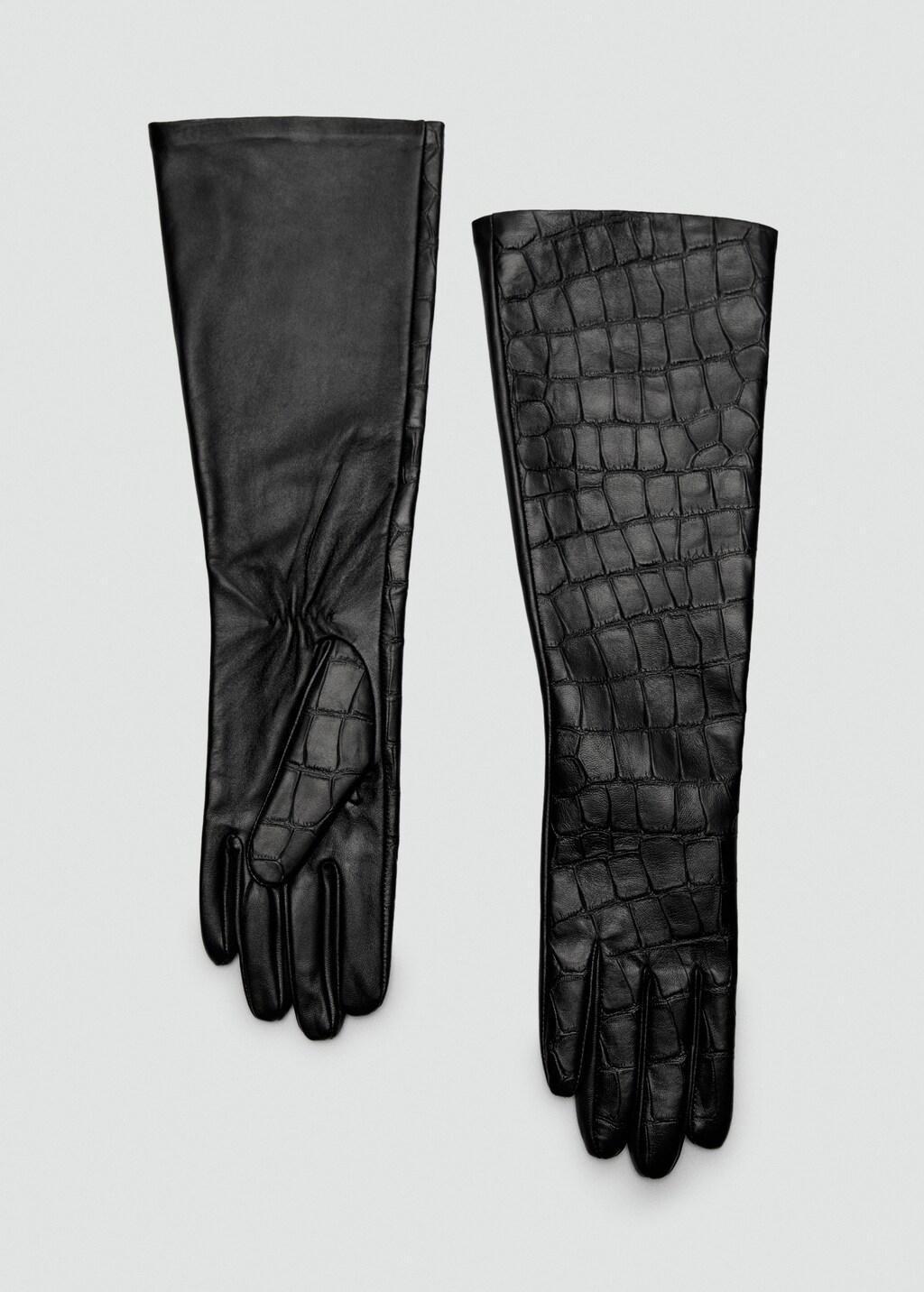 Black Long Croc-Effect Leather Gloves, , large image number 3