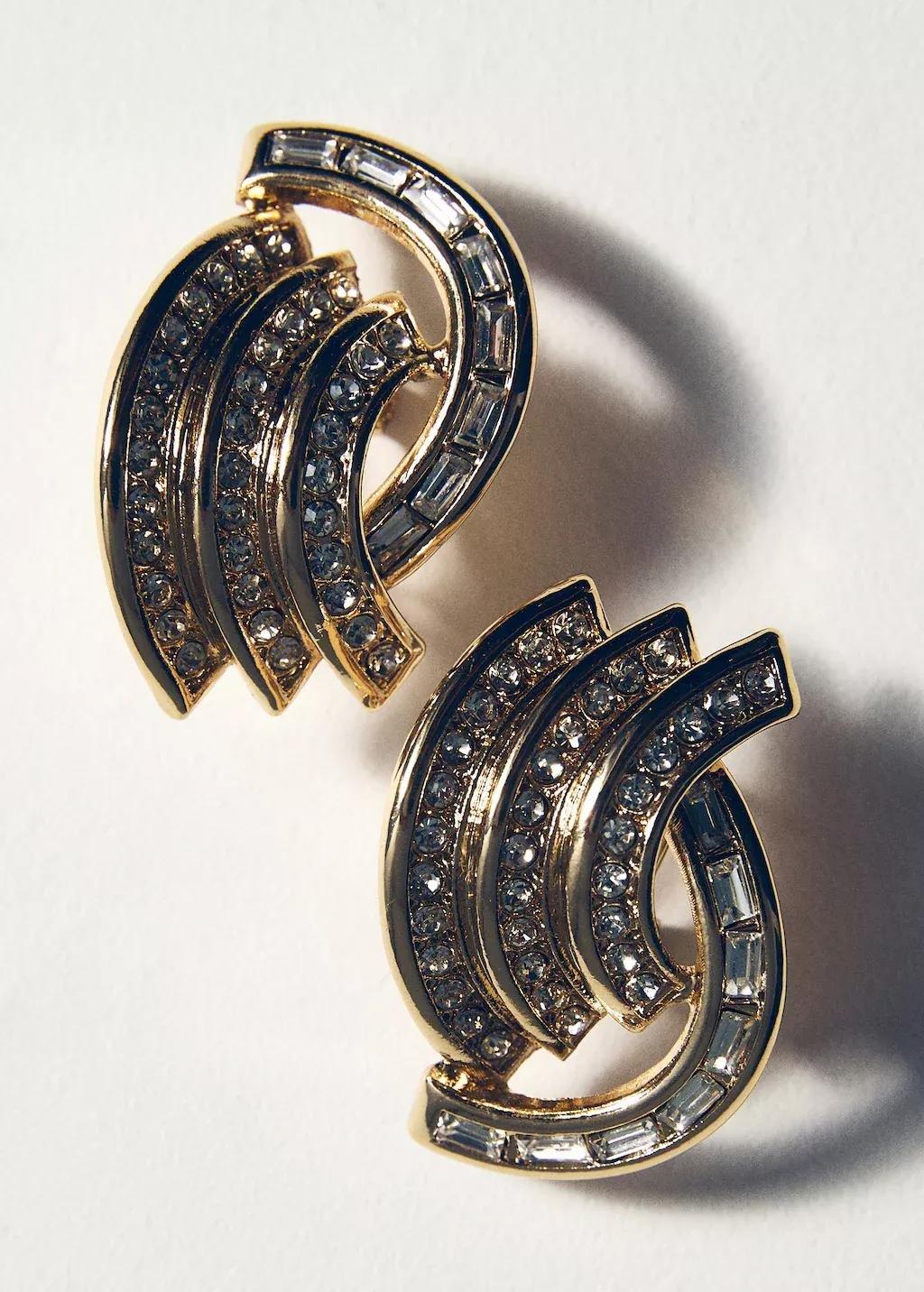 Gold Combined Crystal Earrings, Gold, large image number 1