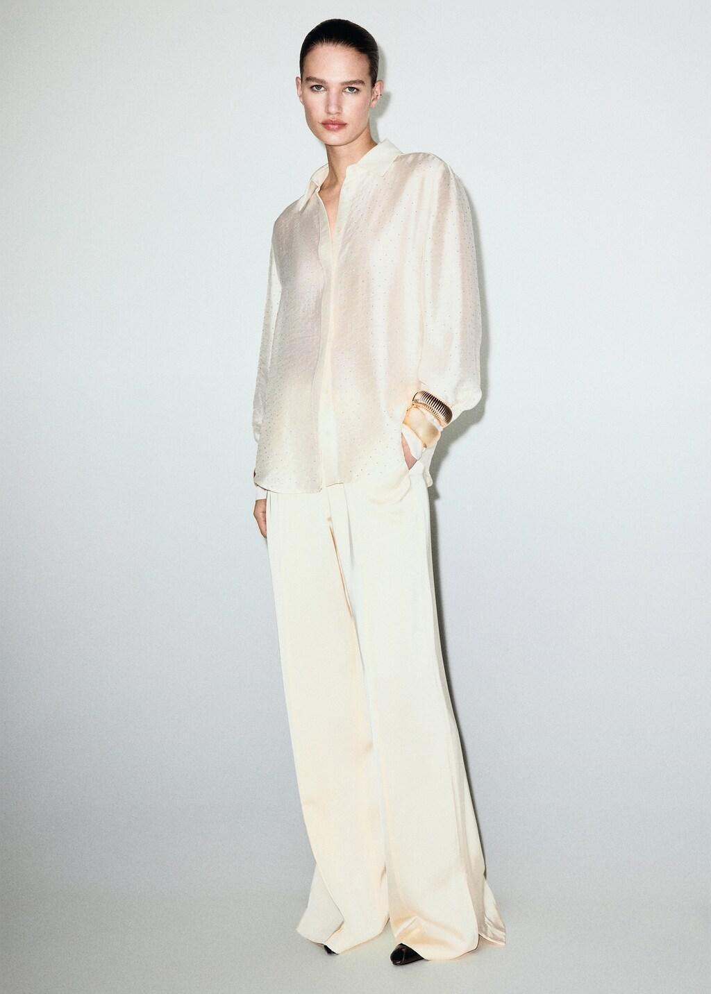 Beige Satin Shirt With Rhinestones, Light Beige, large image number 0