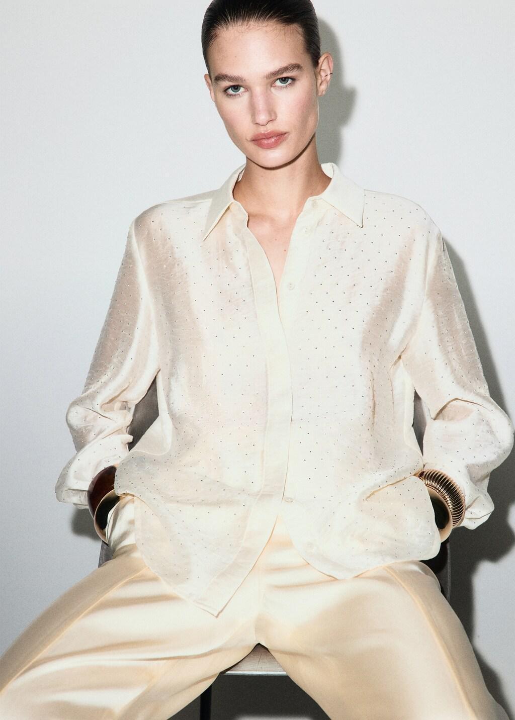 Beige Satin Shirt With Rhinestones, Light Beige, large image number 3