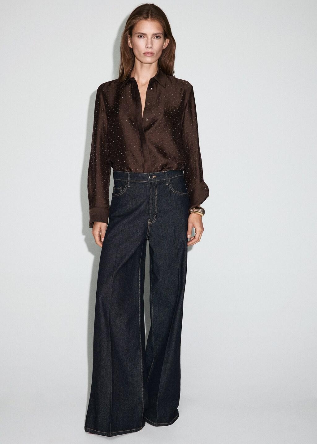 Brown Satin Shirt With Rhinestones, Brown, large image number 0