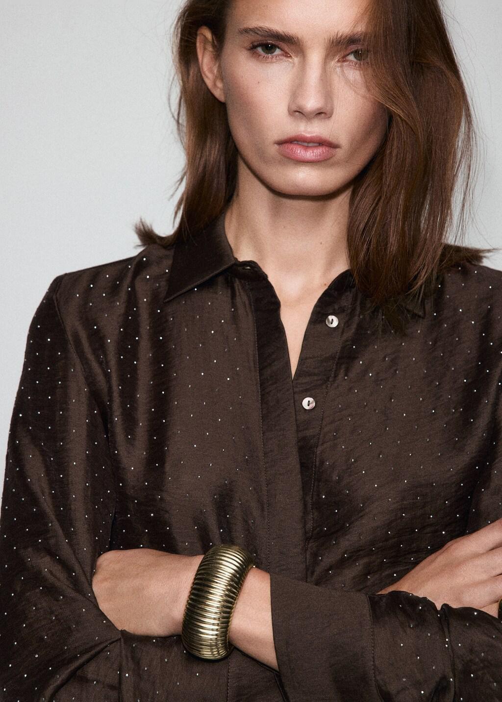 Brown Satin Shirt With Rhinestones, Brown, large image number 4