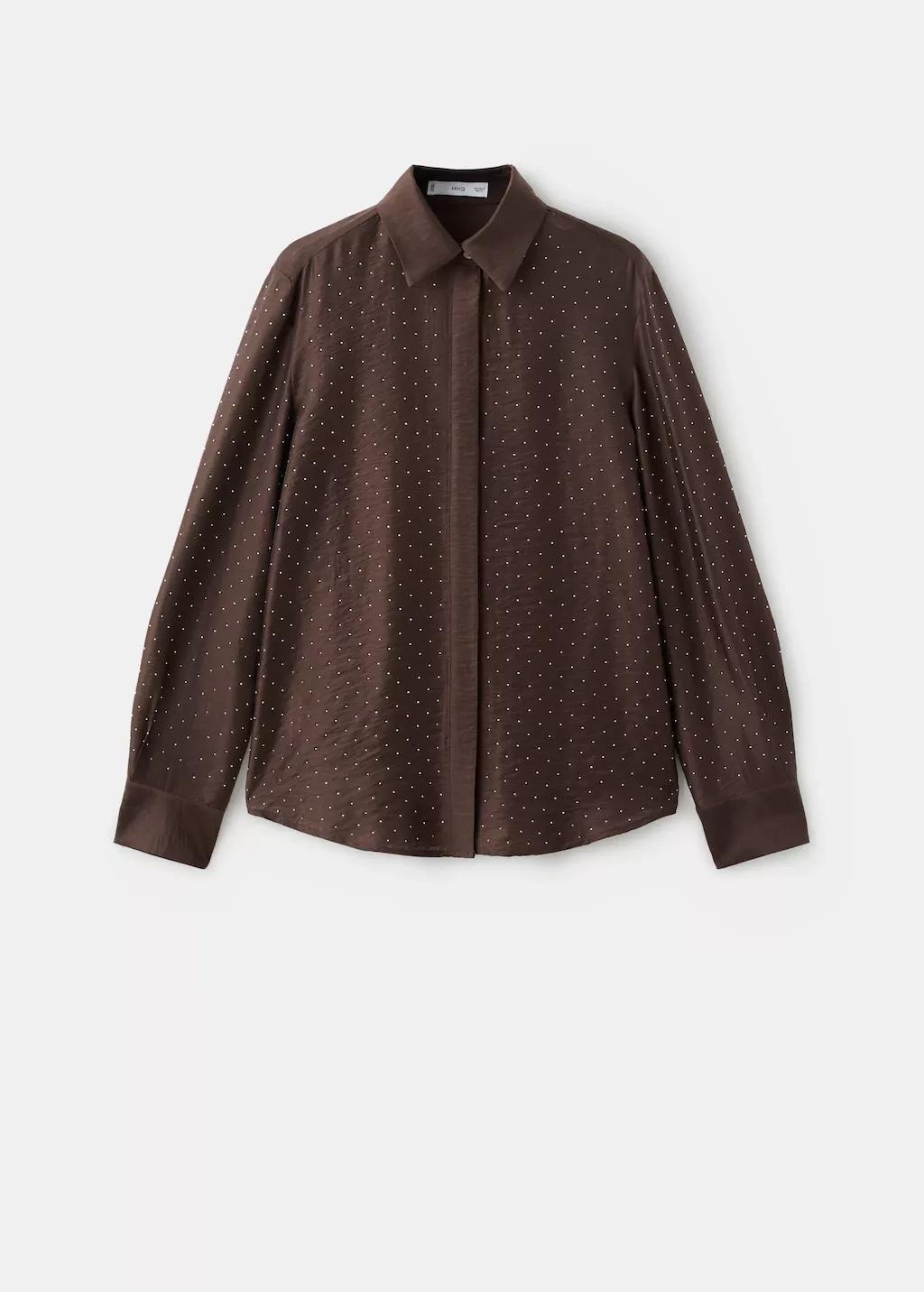 Brown Satin Shirt With Rhinestones, Brown, large image number 6