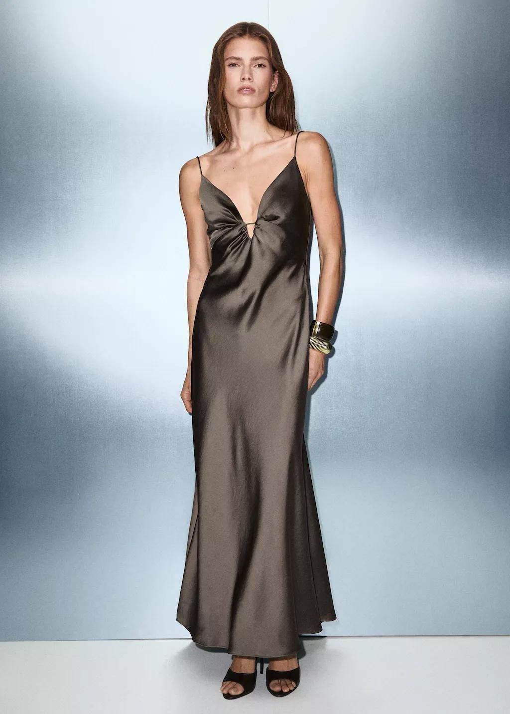 Grey V-Neck Satin Dress, Medium Grey, large image number 0