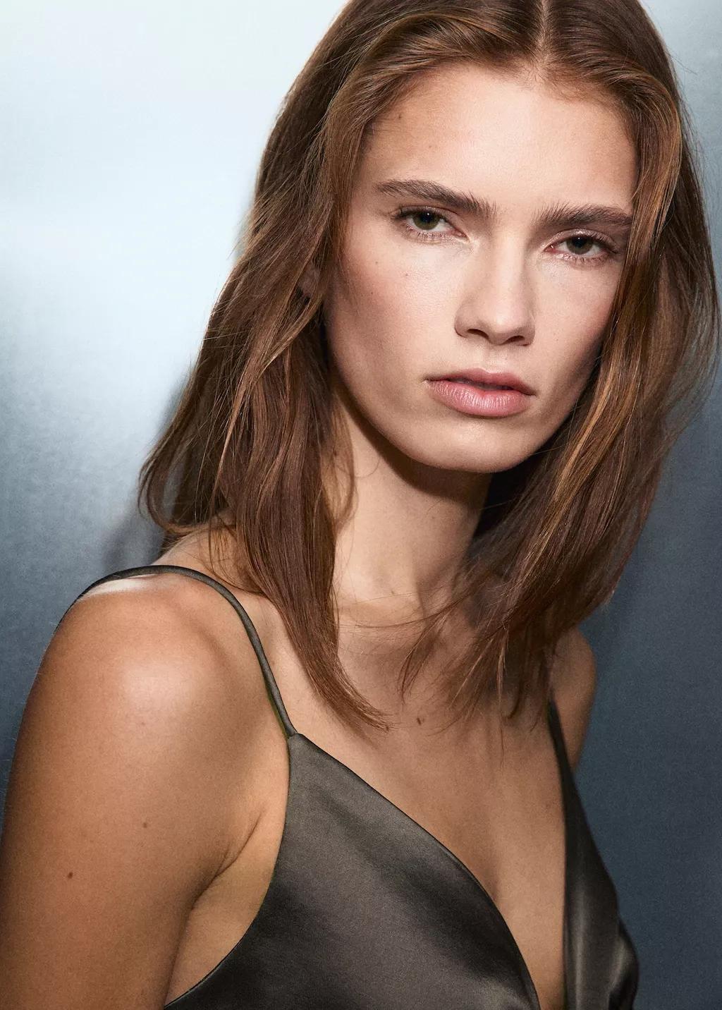 Grey V-Neck Satin Dress, Medium Grey, large image number 4