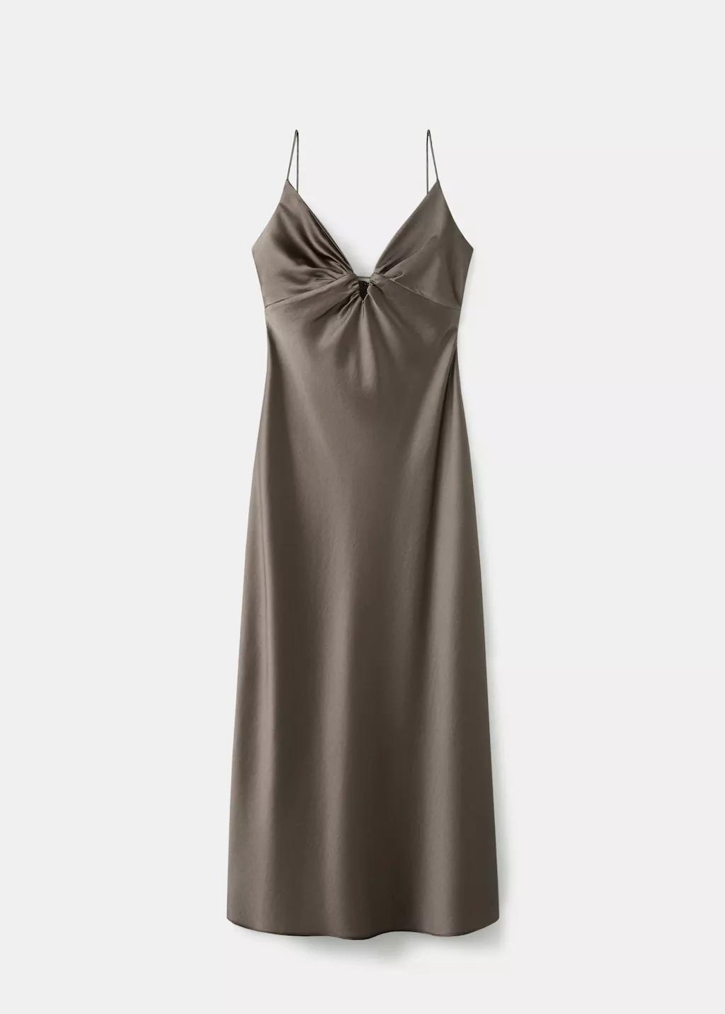 Grey V-Neck Satin Dress, Medium Grey, large image number 6