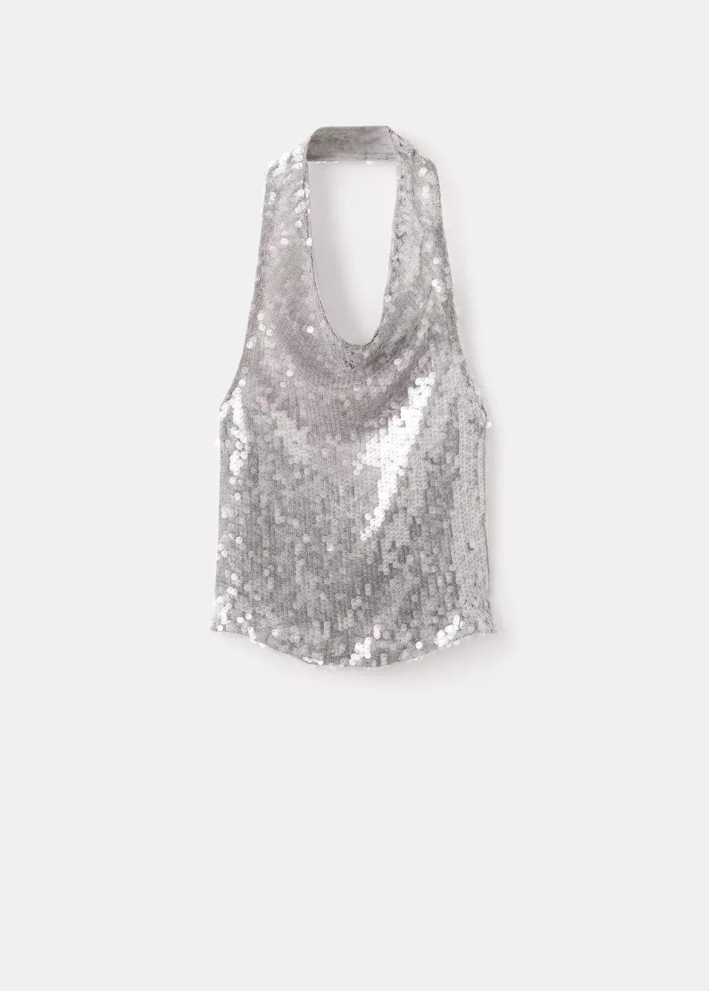 Silver Sequin Top With Cowl Neckline, Silver, large image number 5