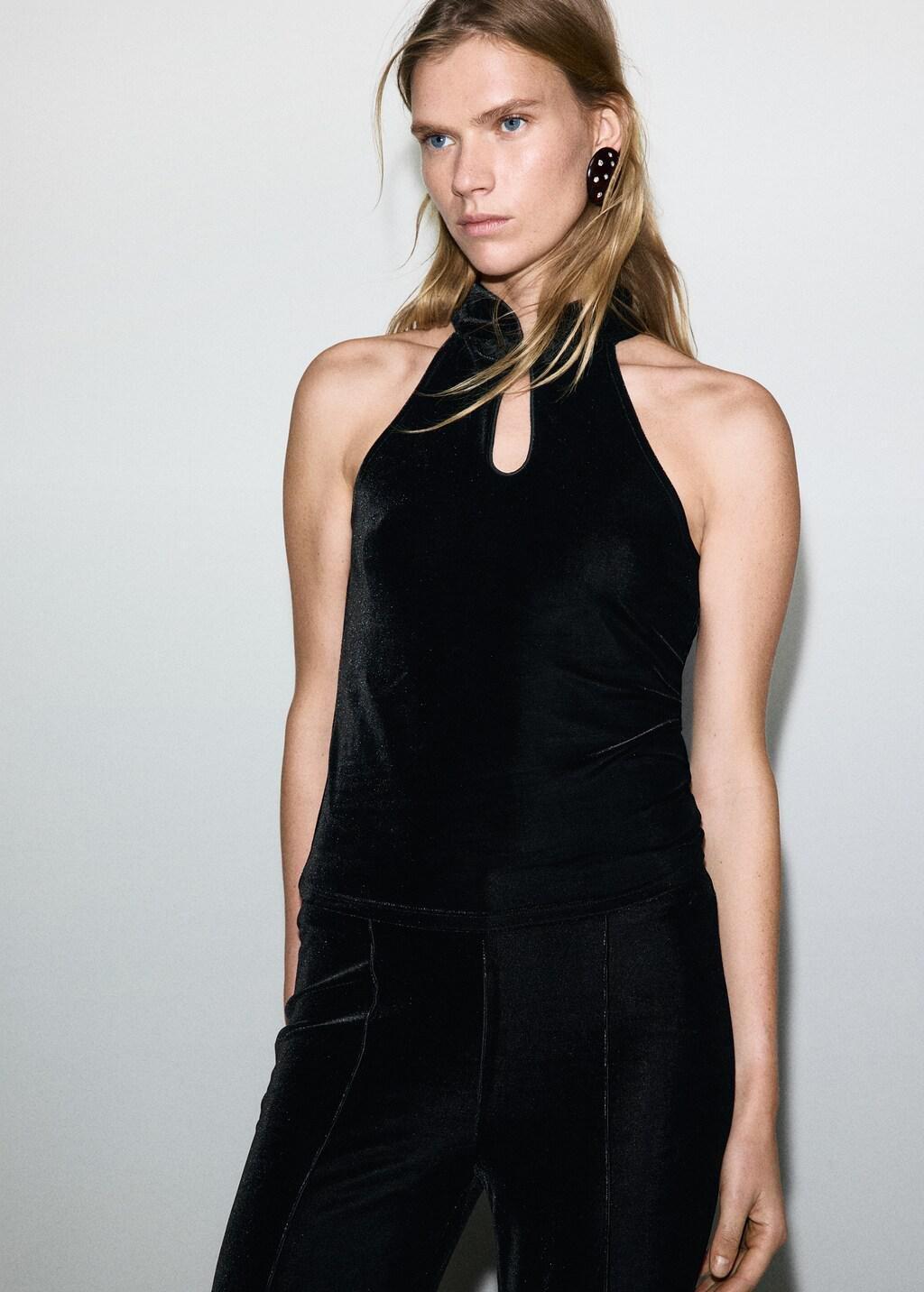 Black Velvet Halter-Neck Top With Toggle, Black, large image number 3