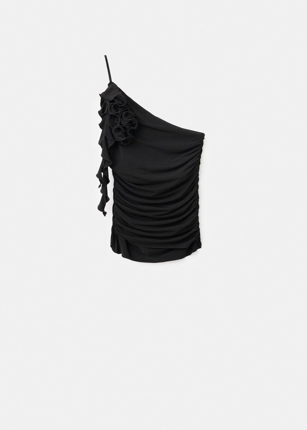 Black Ruched Asymmetrical Top With Ruffle Trim, 0201_99, large image number 6