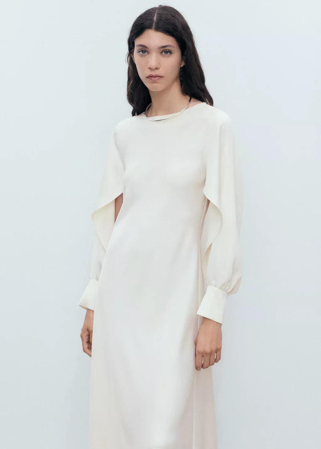 Cream Satin Dress With Slit Sleeves, , large image number 1