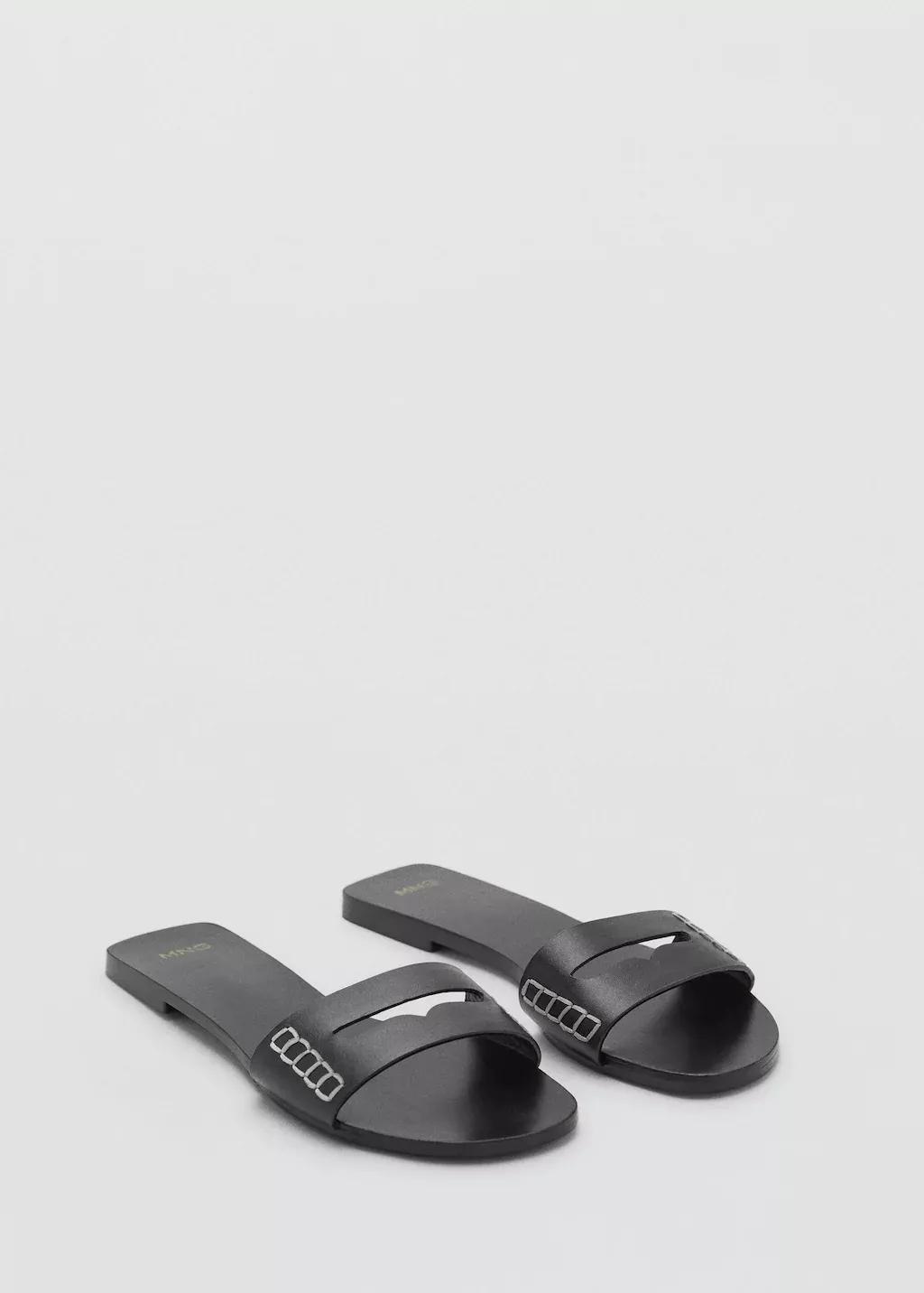 BLACK Leather sandals with a wide strap, Black, medium