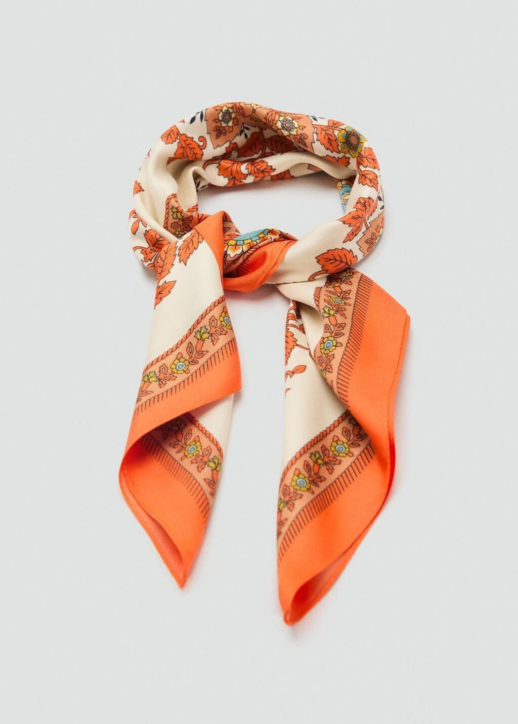 Orange Leaf-Print Scarf, Orange, large image number 1