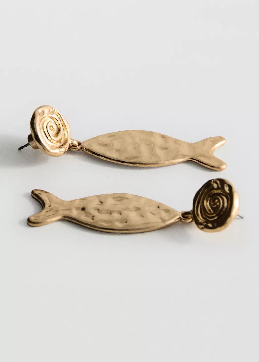 Gold Textured Fish Earrings, Gold, large image number 0