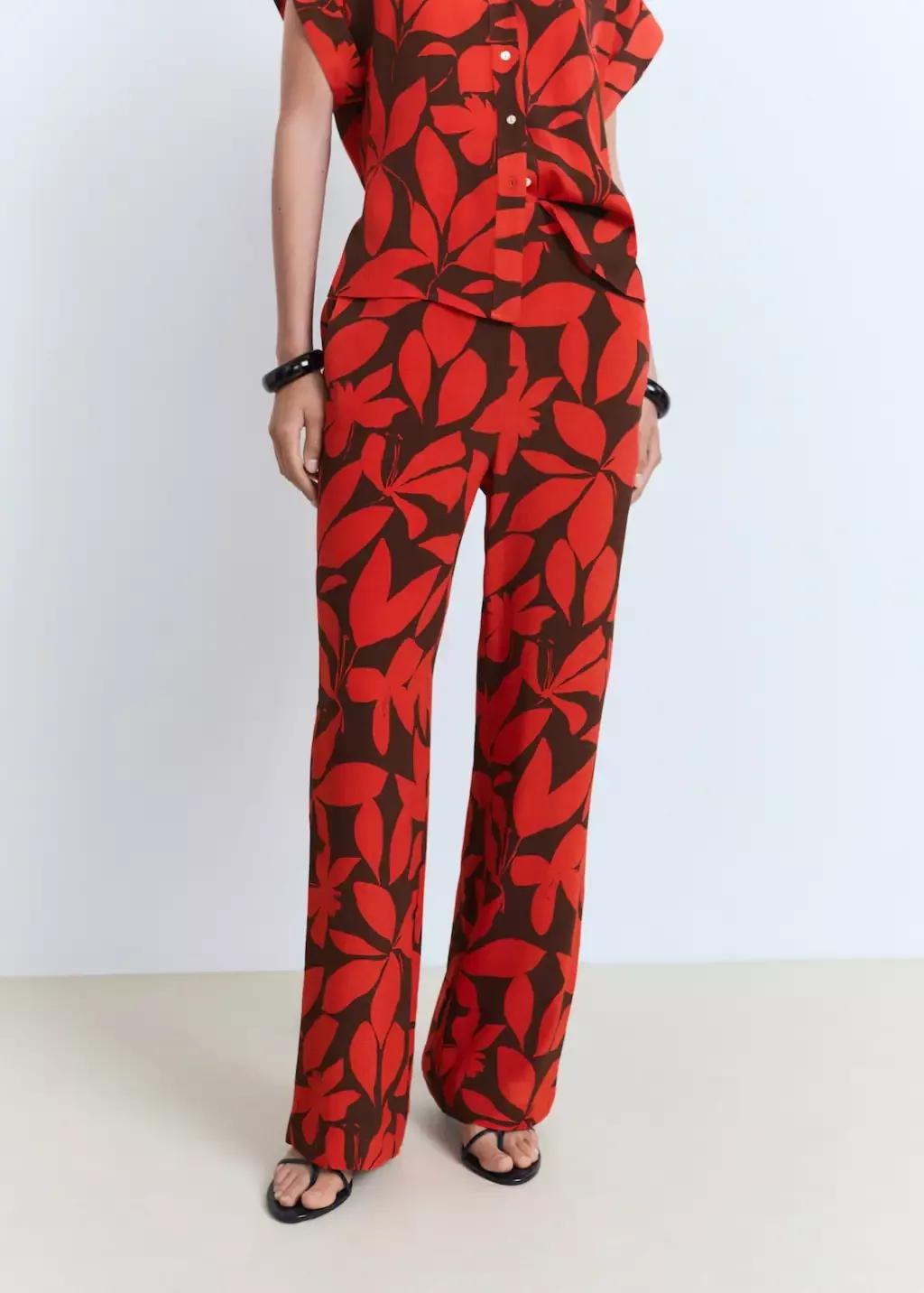 Red Flowy Printed Trousers, , large image number 0