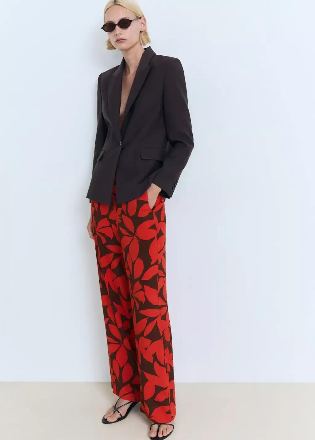 Red Flowy Printed Trousers, , large image number 2