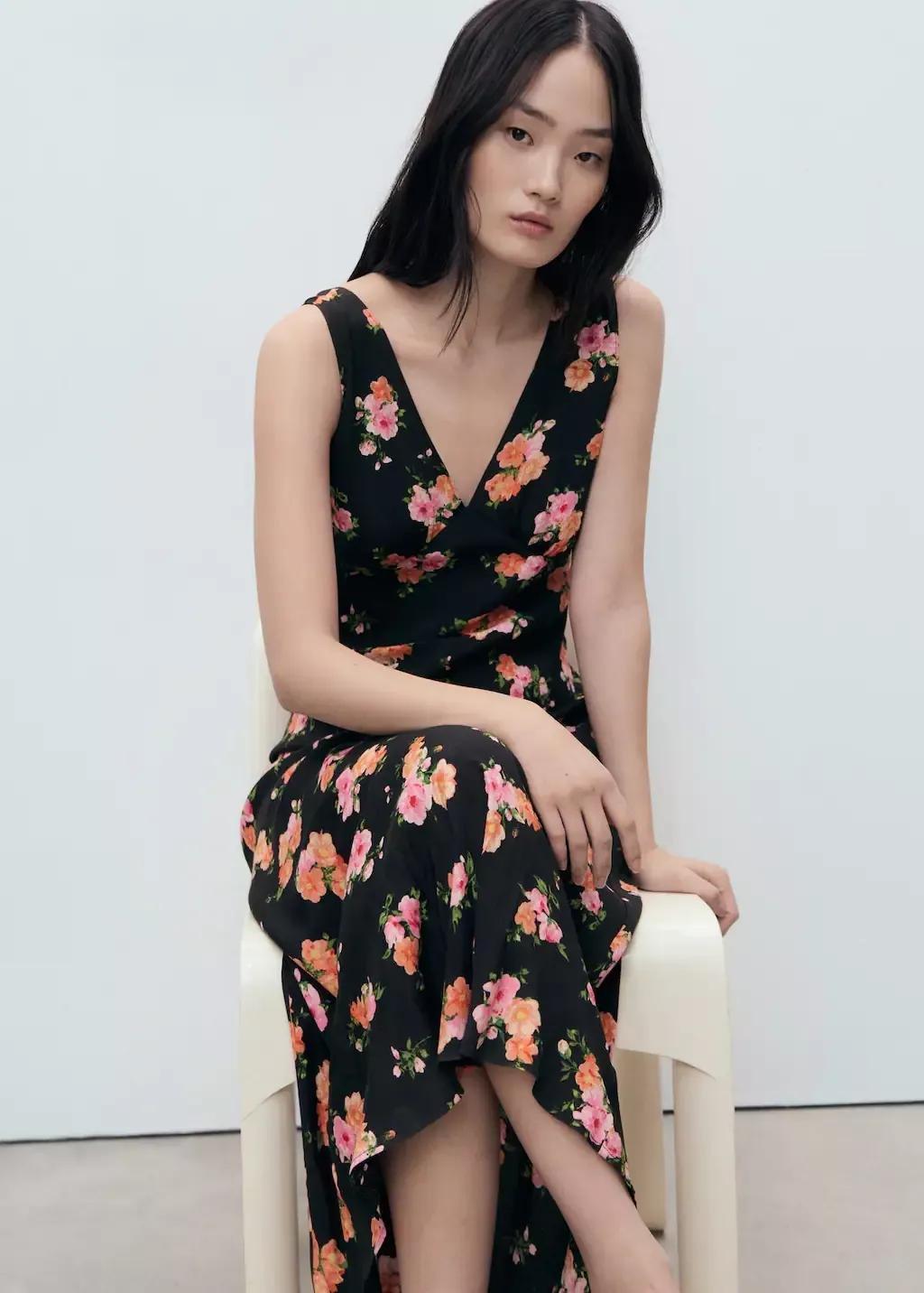 Black Long Floral Dress, Black, large image number 0