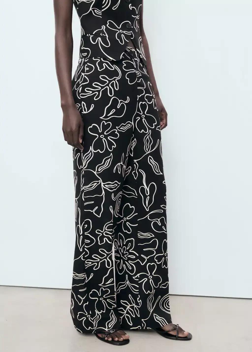 Black Floral-Print Linen-Blend Trousers, , large image number 0