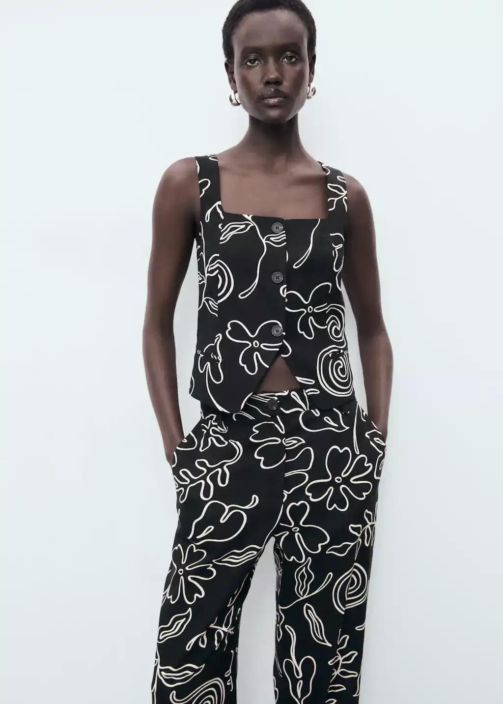 Black Floral-Print Linen-Blend Trousers, , large image number 1
