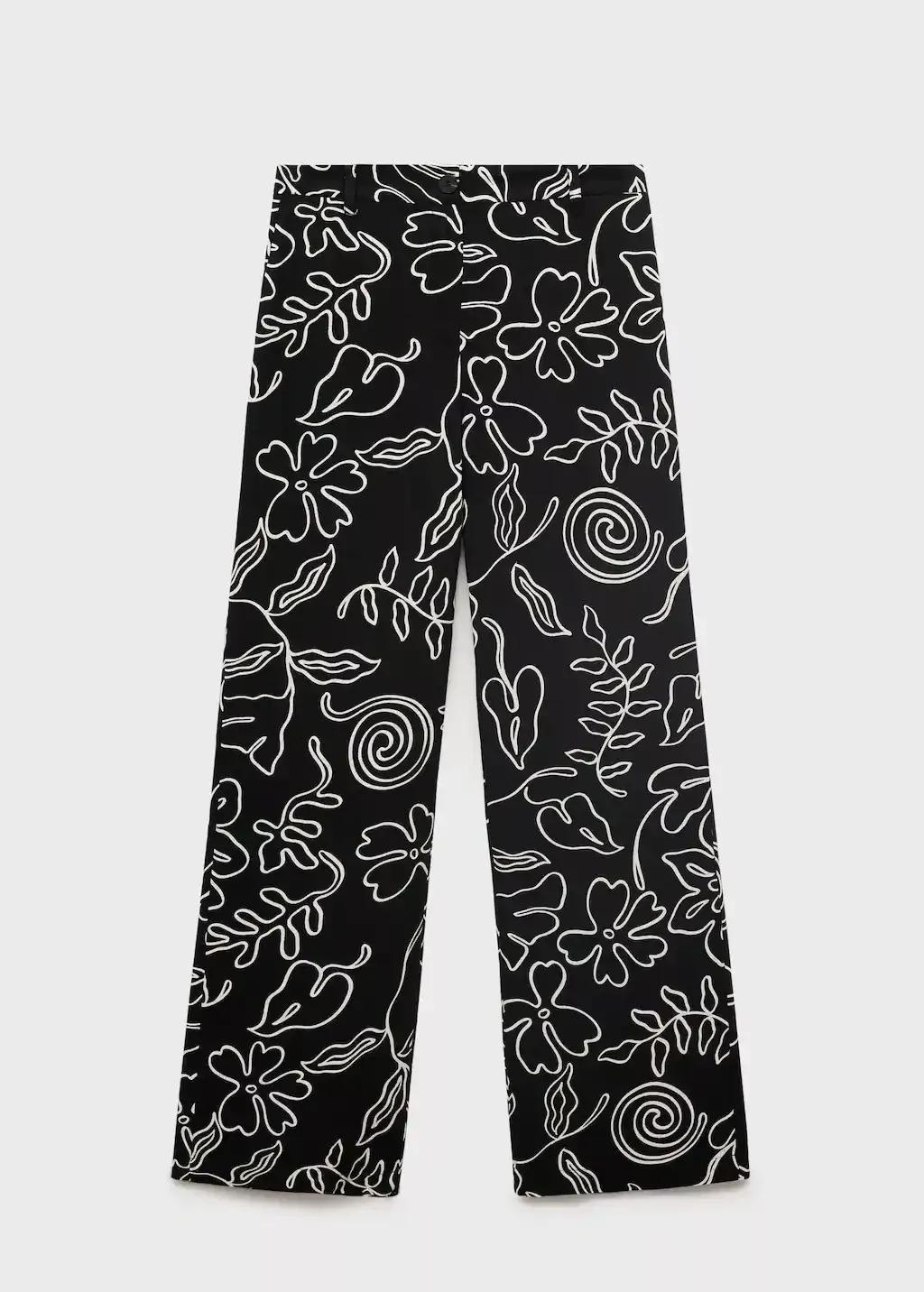 Black Floral-Print Linen-Blend Trousers, , large image number 3