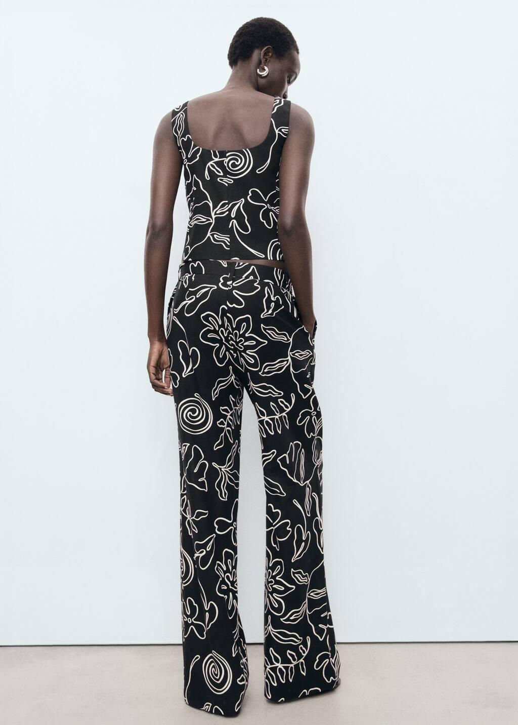 Black Floral-Print Linen-Blend Trousers, , large image number 4