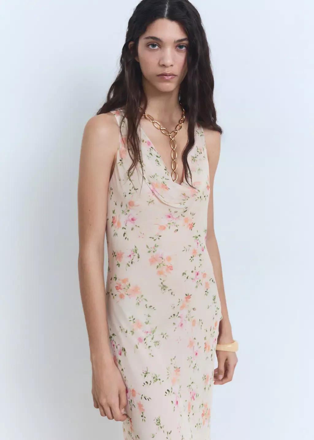 Beige Draped Floral Dress, , large image number 0