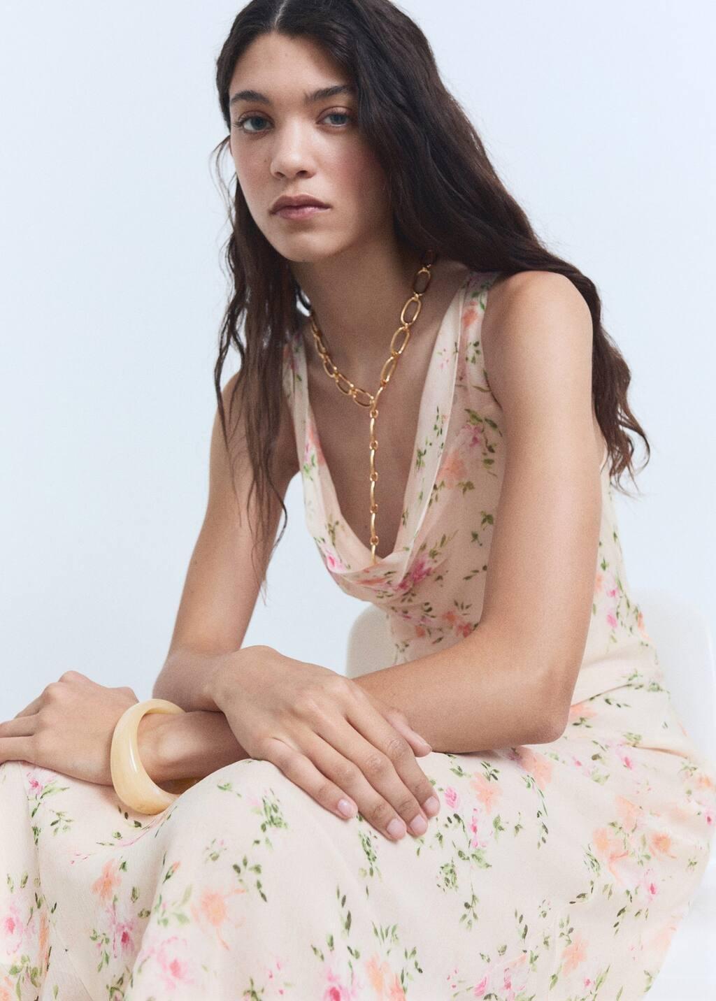 Beige Draped Floral Dress, , large image number 2