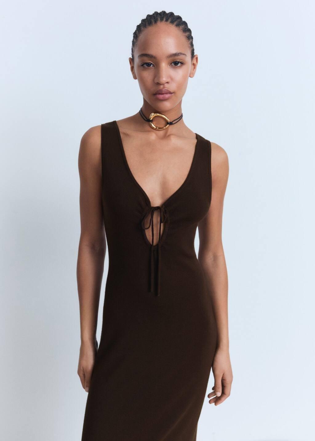 Brown Knitted Dress With Bow Neckline, , medium