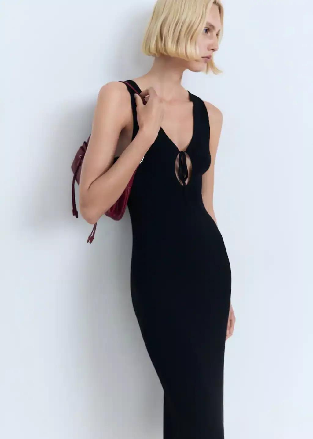 Black Knitted Dress With Bow Neckline, , medium