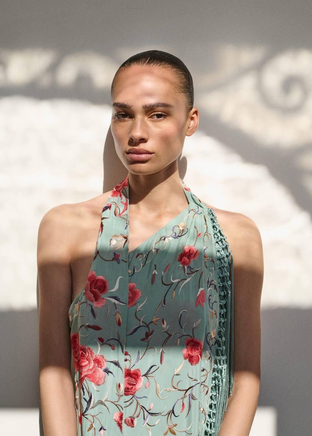 MEDIUM BLUE Asymmetrical dress with embroidered fringes, Medium Blue, medium