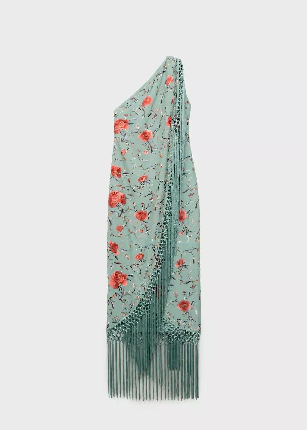 Blue Asymmetrical Dress With Embroidered Fringes, , large image number 4