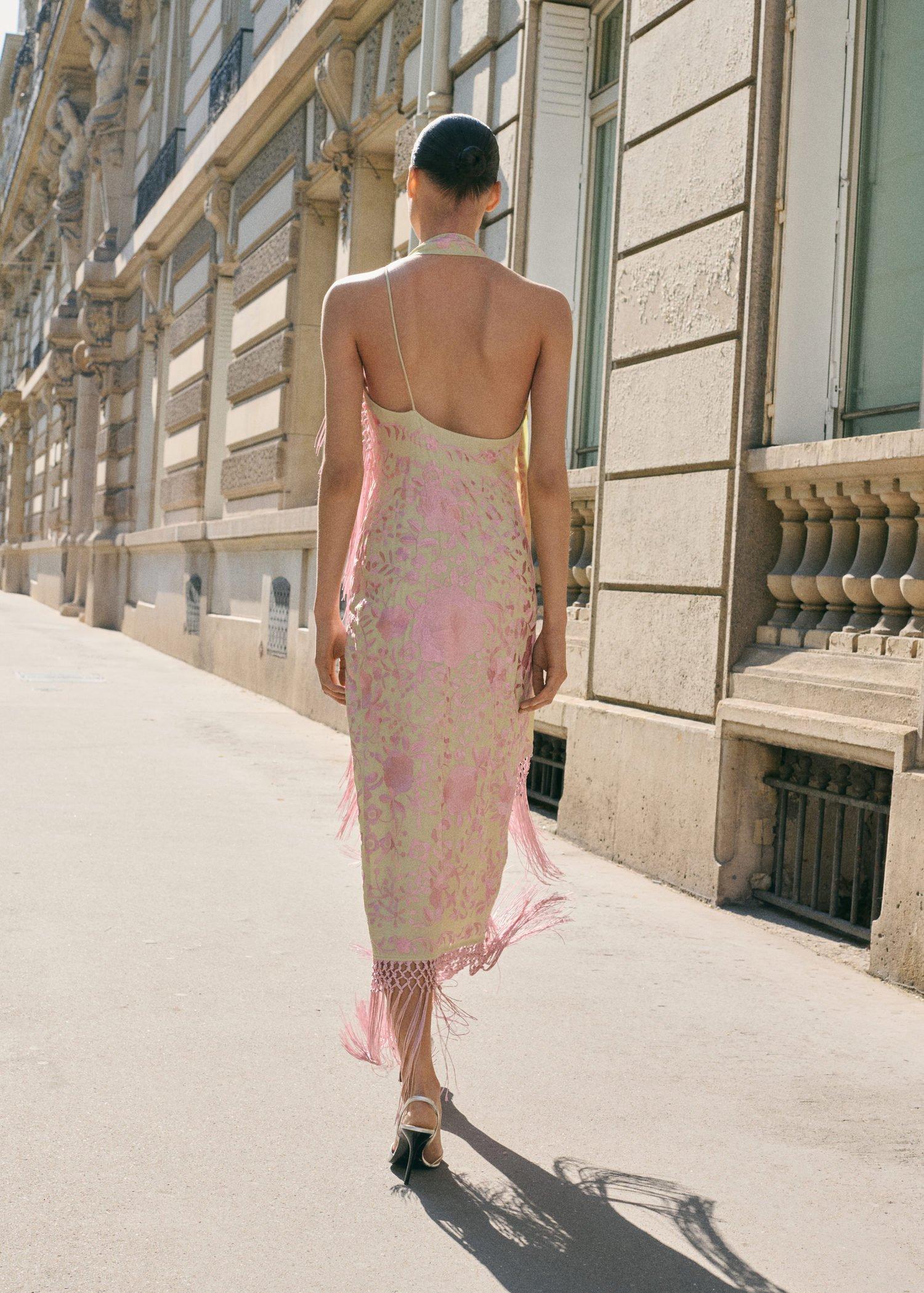 This garment belongs to our event collection, designed to make you the perfect guest at any party, wedding or ceremony,Asymmetric hem,This shawl-inspired dress is an expression of artistic elegance, with fringes that provide delicate and sophisticated movement. The asymmetrical wrap-style neckline unfolds with flair, enveloping the figure in an embrace of exquisite design. Its multi-position capability allows for unparalleled customisation, effortlessly adapting to various occasions and styles,, , large image number 2