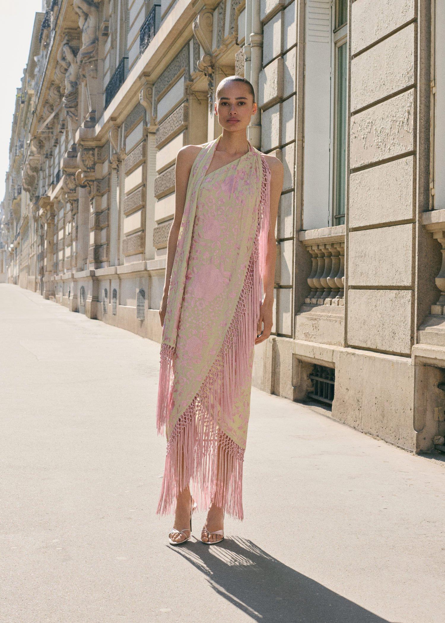This garment belongs to our event collection, designed to make you the perfect guest at any party, wedding or ceremony,Asymmetric hem,This shawl-inspired dress is an expression of artistic elegance, with fringes that provide delicate and sophisticated movement. The asymmetrical wrap-style neckline unfolds with flair, enveloping the figure in an embrace of exquisite design. Its multi-position capability allows for unparalleled customisation, effortlessly adapting to various occasions and styles,, , large image number 3