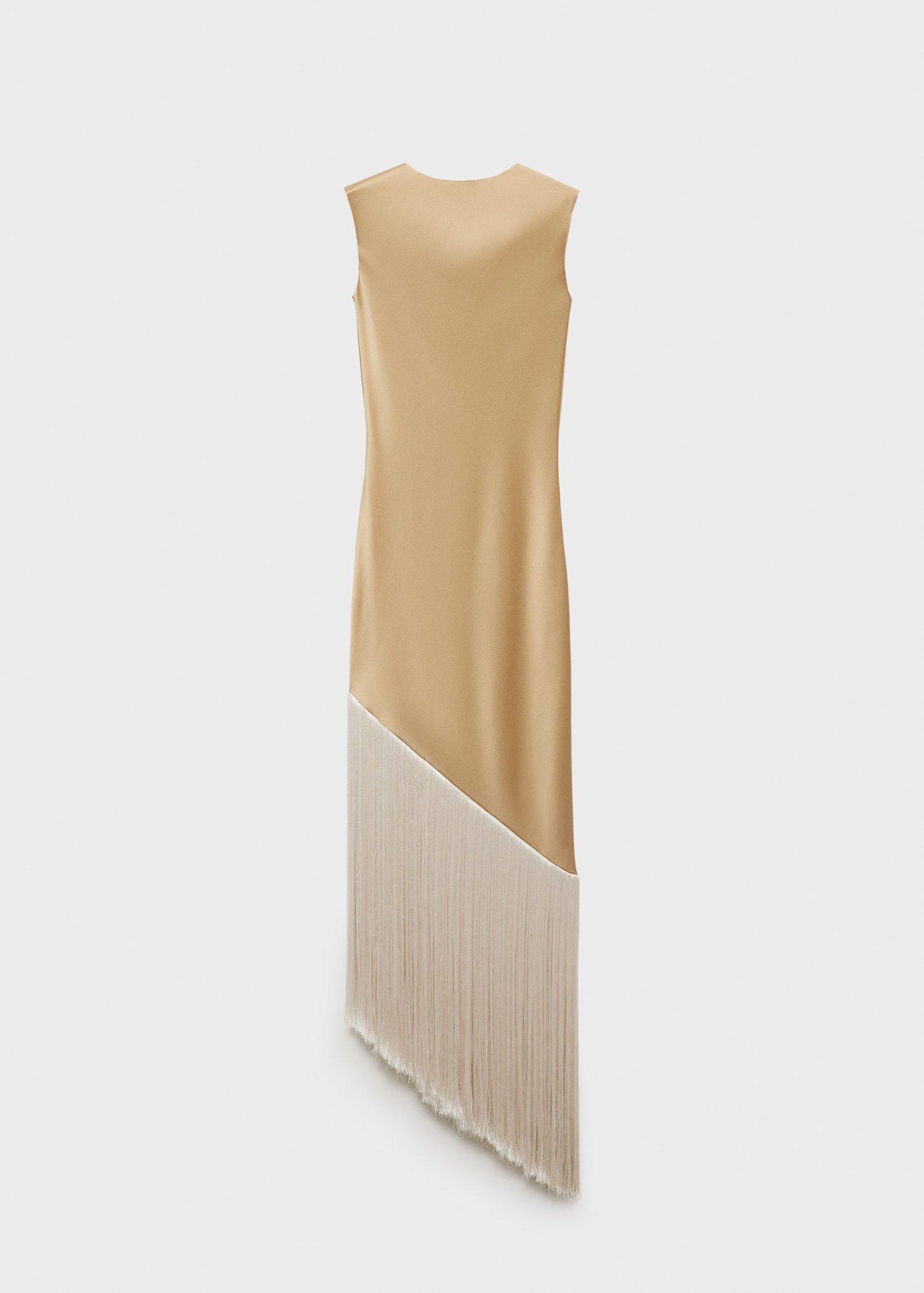 Beige Asymmetrical Satin Dress With Fringes, , large image number 5