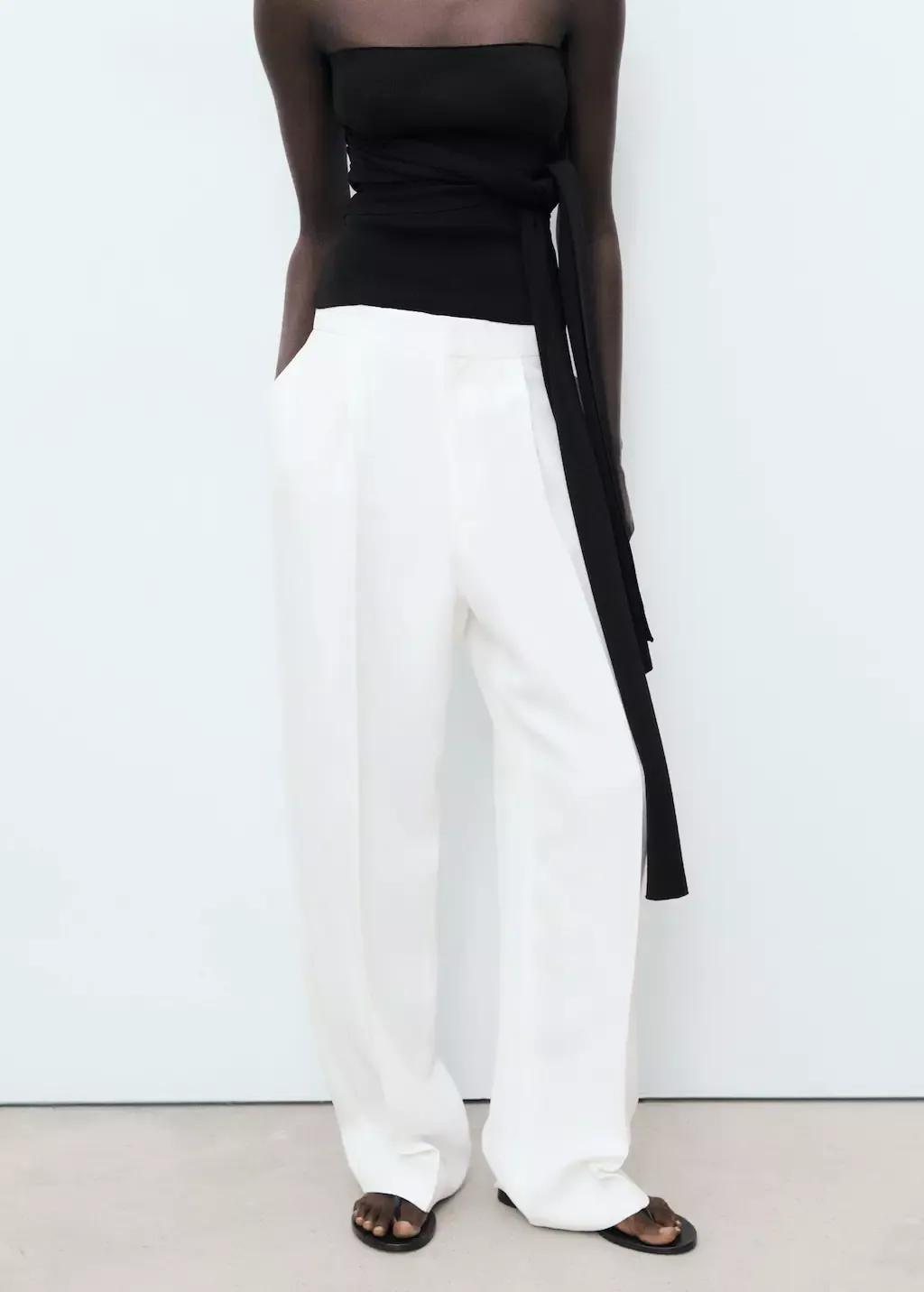 White Linen-Blend Pleated Trousers, , large image number 1