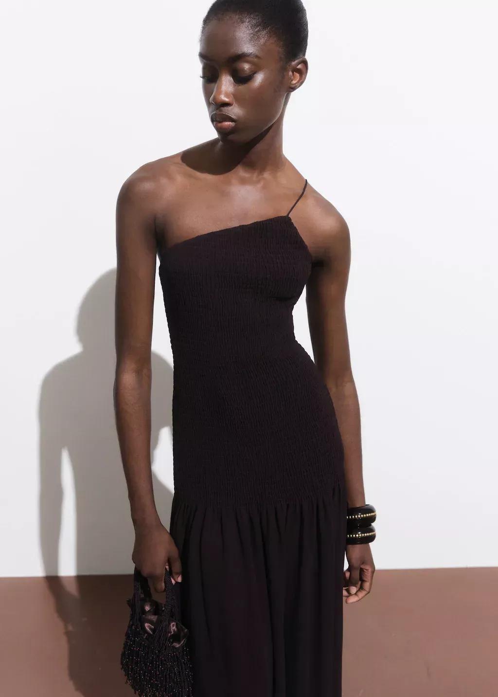 DARK BROWN Asymmetrical dress with gathered body, Dark Brown, medium