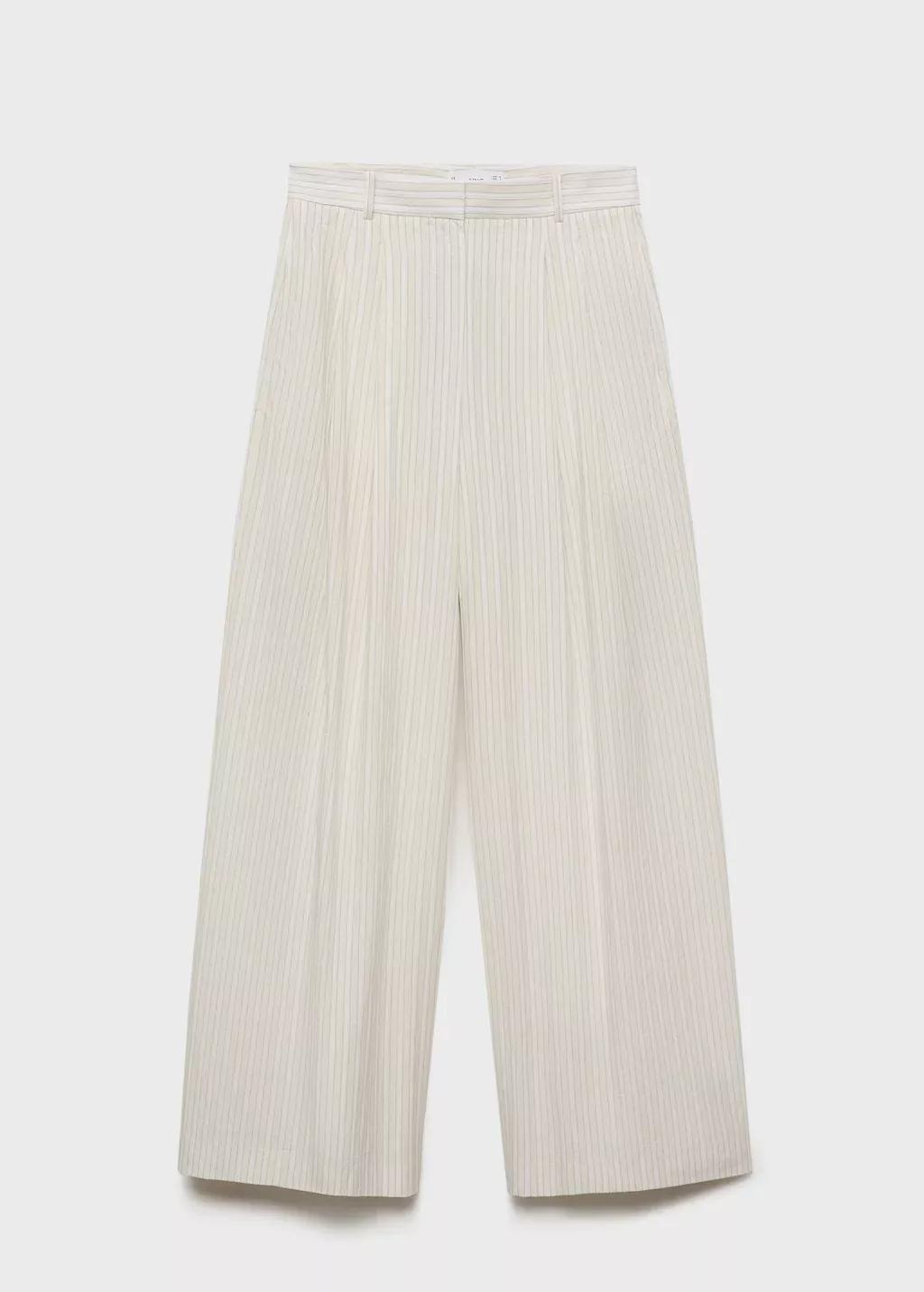Grey Striped Wide Leg Cotton Trousers, Light Pastel Grey, large image number 0