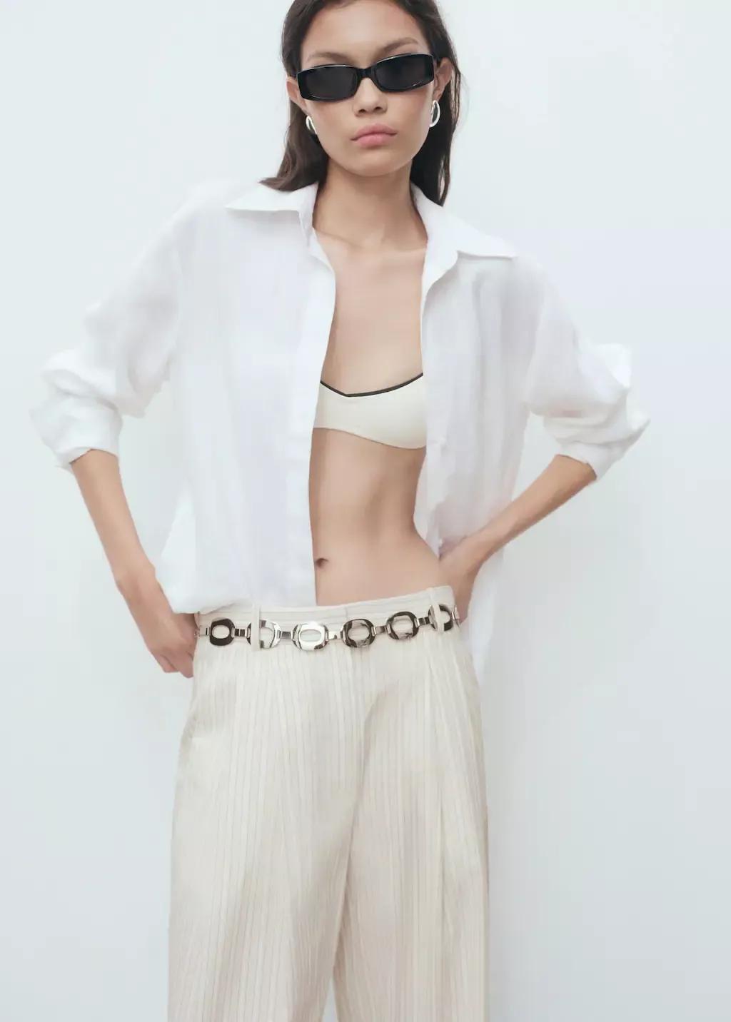 Grey Striped Wide Leg Cotton Trousers, Light Pastel Grey, large image number 2